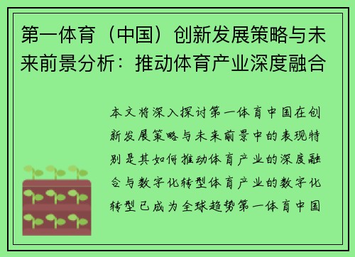第一体育（中国）创新发展策略与未来前景分析：推动体育产业深度融合与数字化转型